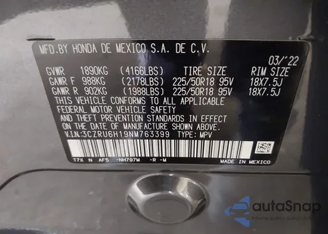 2022 Honda Hr-V Awd Sport z USA, uszkodzony, nr VIN 3CZRU6H19NM763399